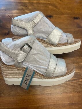 Toms Champagne Metallic Suede Wedge Sandals